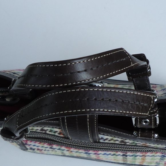 COACH Brown Leather and Plaid Wool Satchel - Picture 7 of 16